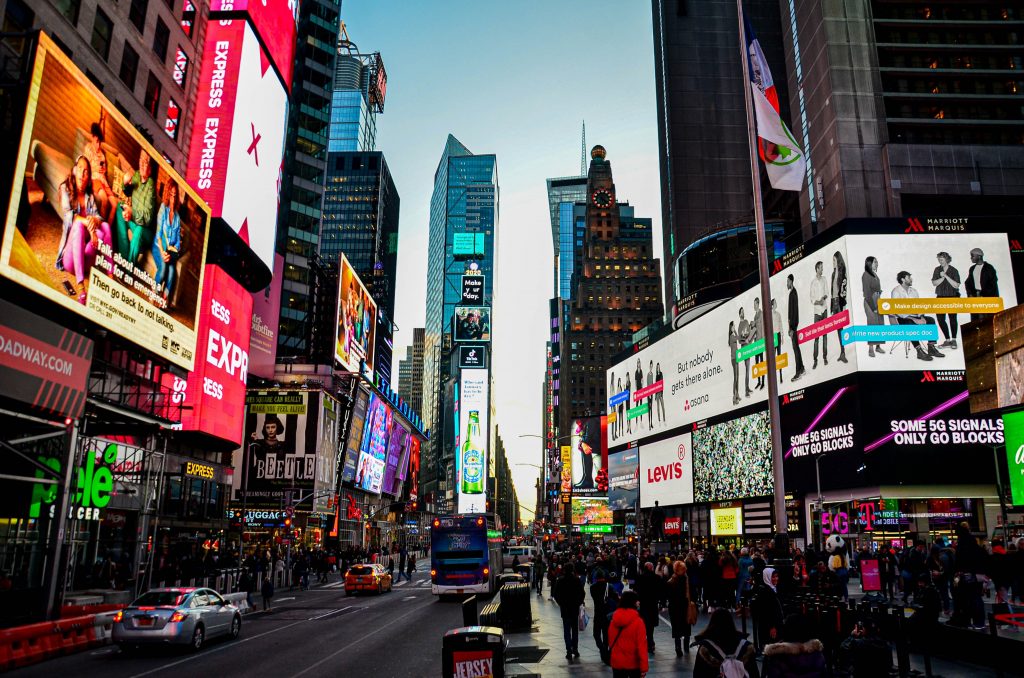 Cityscape with variety of digital signages, LED Automation displays, and Video Walls.